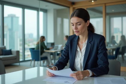 Femme en costume de bureau dans un espace moderne