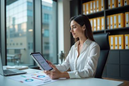 Femme en bureau moderne consulte un tableau digital