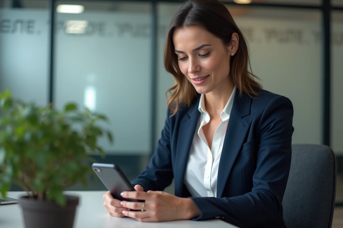 Femme en bureau utilisant un smartphone pour se connecter en toute securite