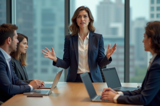 Femme confiante en réunion de bureau avec collègues