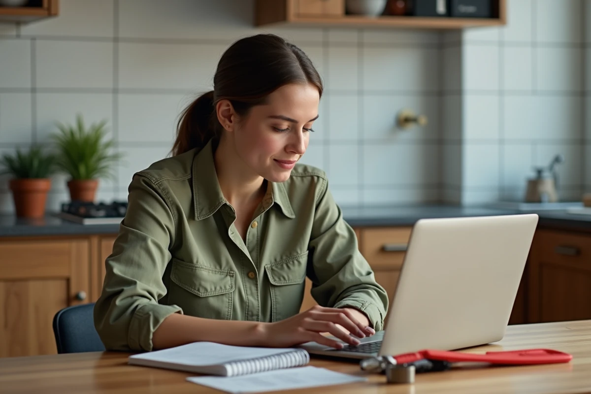 Femme débutante suivant un cours de bricolage en ligne sur son ordinateur dans sa cuisine