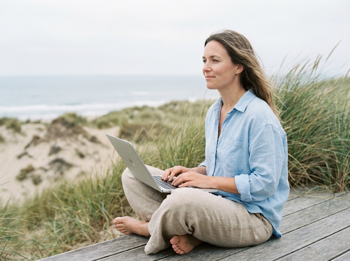 Femme assise en extérieur face à la mer avec ordinateur