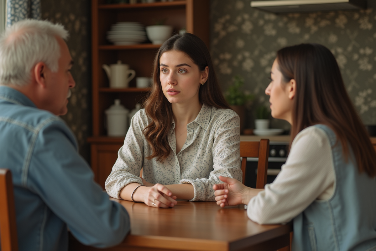 Jeune femme discutant avec ses parents à la maison