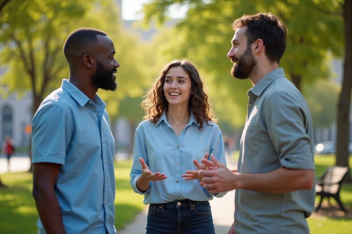 Jeune femme en discussion dans un parc urbain ensoleille