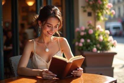 Femme élégante lisant un livre poétique devant un café parisien