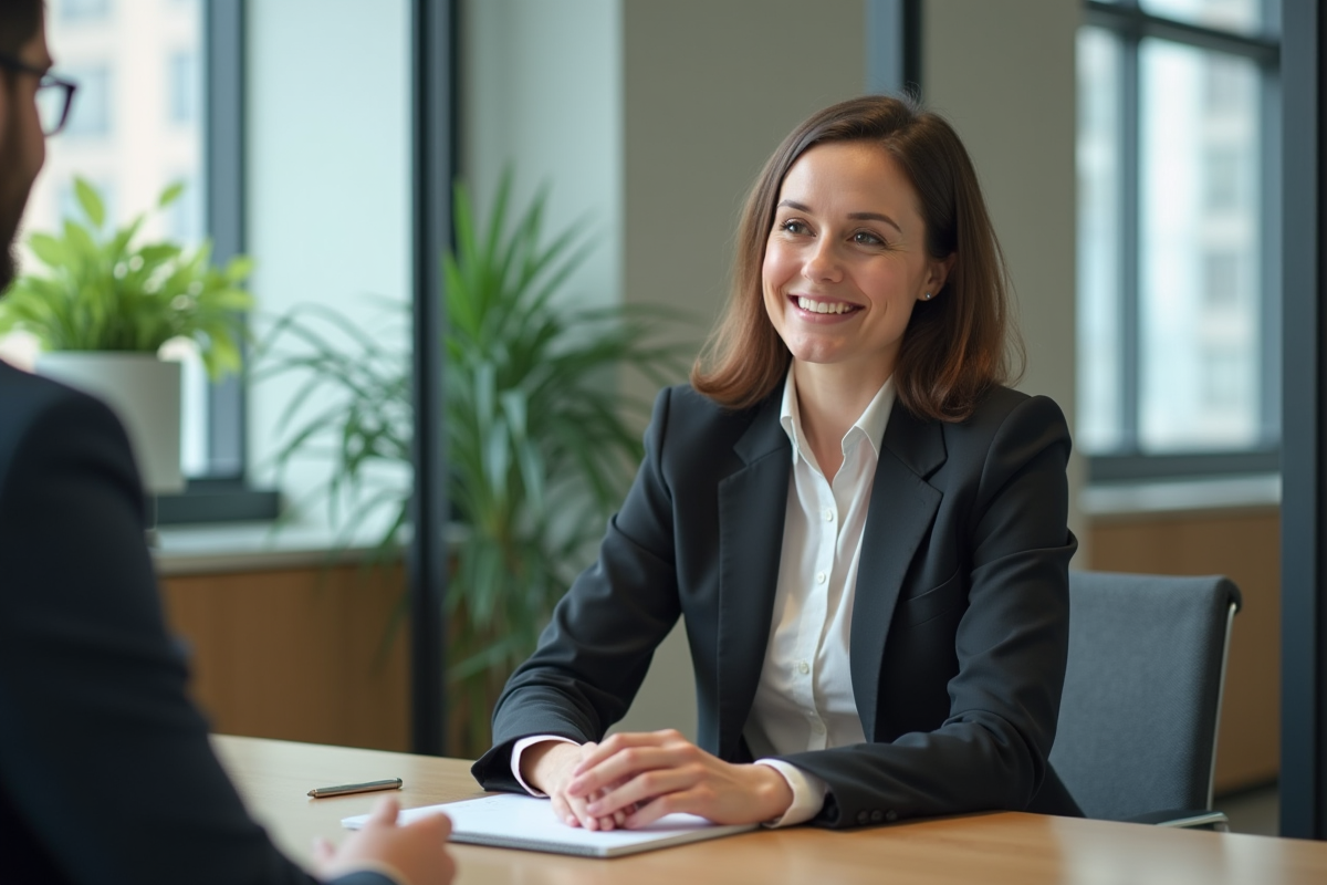 Femme confiante lors d'un entretien d'embauche en bureau