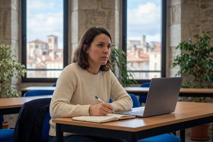 Femme concentr&eacute;e en classe &agrave; Valence avec vue urbaine