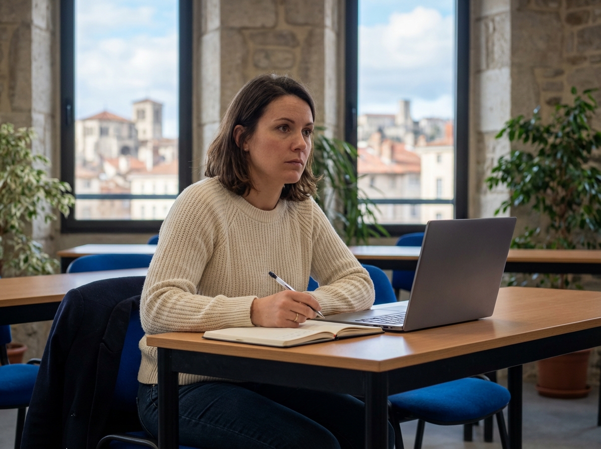 Femme concentrée en classe à Valence avec vue urbaine