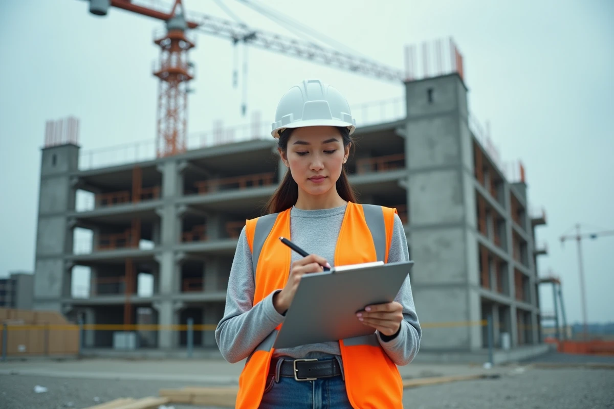 Femme en formation BTP prenant des notes sur un chantier de construction avec grue en arrière-plan