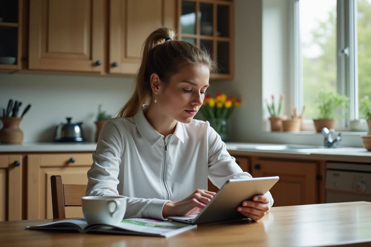 Femme lisant conseils de golf &agrave; la maison dans la cuisine
