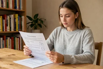 Jeune femme lisant des textes Fluence imprimés à son bureau à domicile, supports pédagogiques pour la lecture