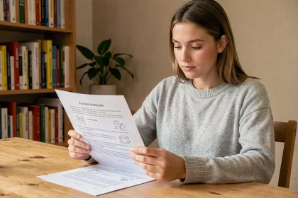 Jeune femme lisant des textes Fluence imprimés à son bureau à domicile, supports pédagogiques pour la lecture