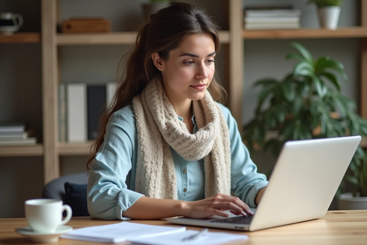 Jeune femme concentrée sur un formulaire sur son ordinateur dans un bureau moderne