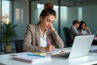 Femme concentrée prenant des notes dans un bureau moderne