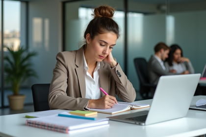 Femme concentrée prenant des notes dans un bureau moderne