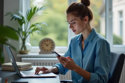 Jeune femme pensant &agrave; r&eacute;initialiser son mot de passe &agrave; son bureau