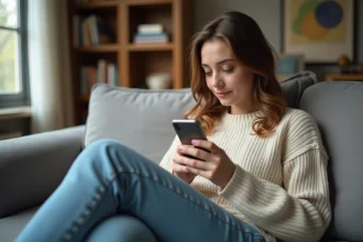 Jeune femme utilisant son smartphone dans un salon moderne