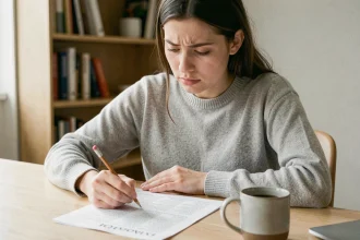 Jeune femme concentrée qui réalise un test de QI sur papier dans un bureau minimaliste à domicile