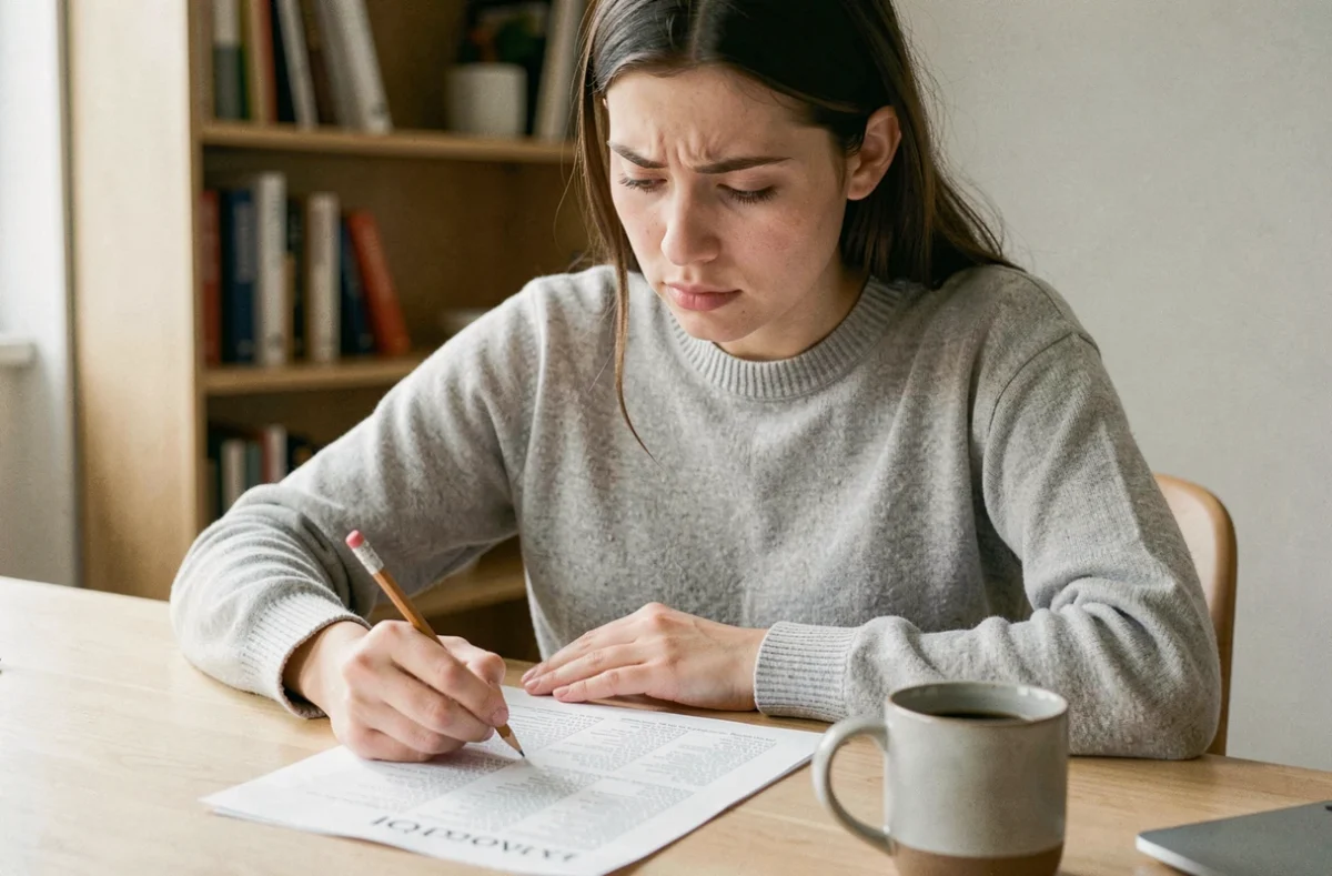 Jeune femme concentrée qui réalise un test de QI sur papier dans un bureau minimaliste à domicile