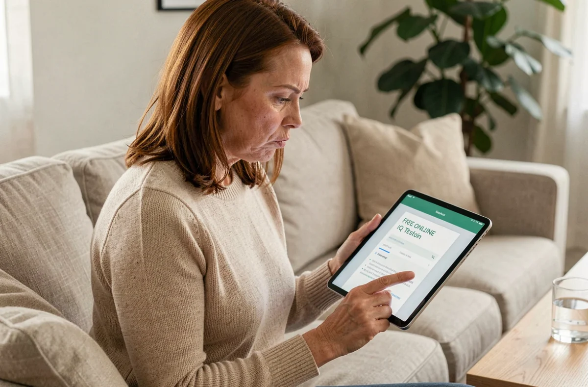 Femme d'âge moyen effectuant un test de QI gratuit sur tablette confortablement installée dans son salon