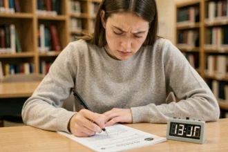 Jeune femme concentrée passant un test TOEIC chronométré à un bureau en bois avec un minuteur numérique visible