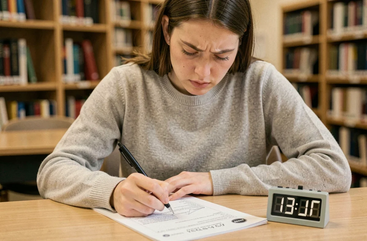 Jeune femme concentrée passant un test TOEIC chronométré à un bureau en bois avec un minuteur numérique visible