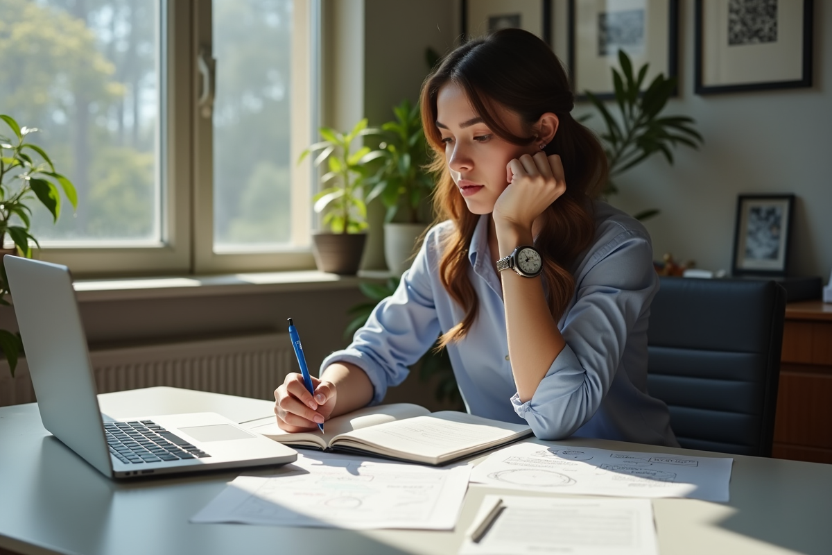 Femme concentrée travaillant à un bureau lumineux avec notes et ordinateur