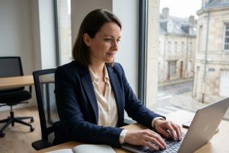 Femme concentrée en formation dans un centre moderne