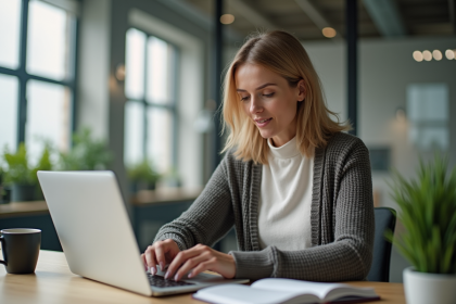 Femme en tenue professionnelle travaillant sur son ordinateur au bureau