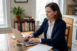 Femme d'environ 50 ans travaillant à son ordinateur à la maison