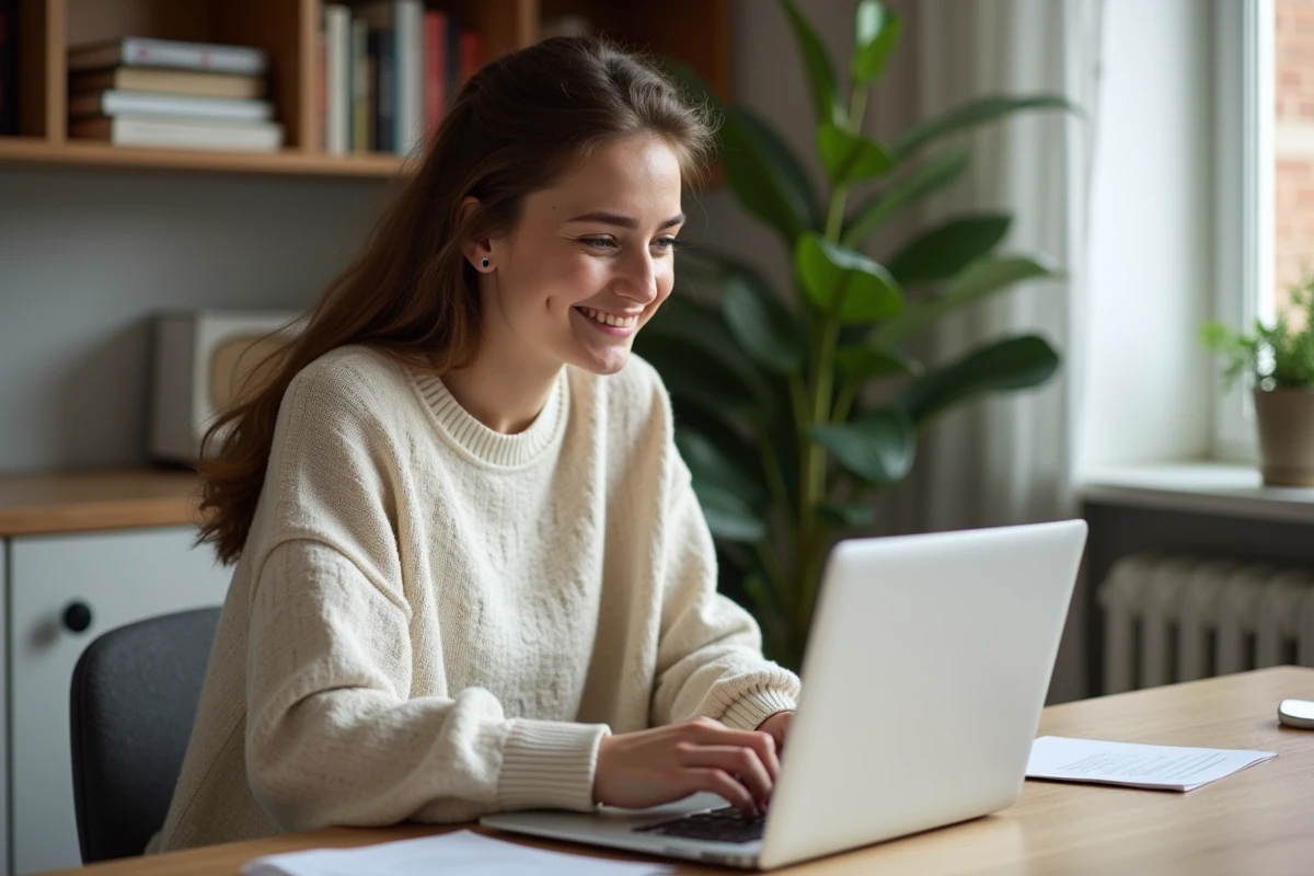 Jeune femme concentrée sur son ordinateur portable dans un bureau moderne