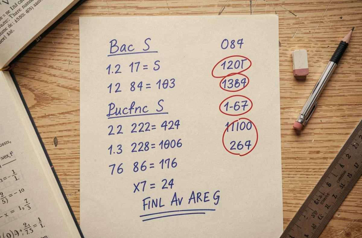 Fiche de calcul manuscrite avec notes et coefficients du bac S posée sur un bureau en bois