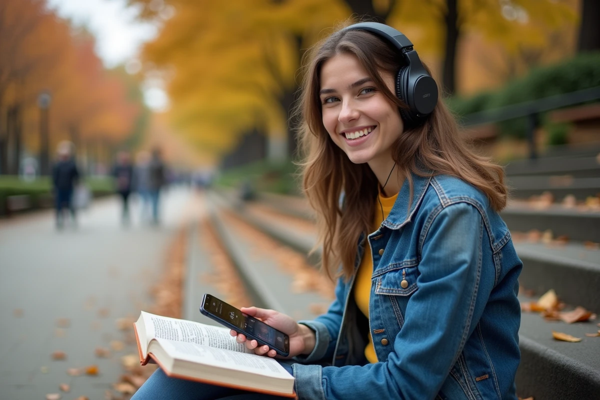 Jeune femme en denim avec casque lisant un livre d
