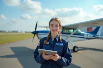 Jeune femme en combinaison de vol devant un avion d'entraînement sur un aérodrome, illustrant la formation aéronautique à la MFJA Maison de la formation Jacqueline Auriol