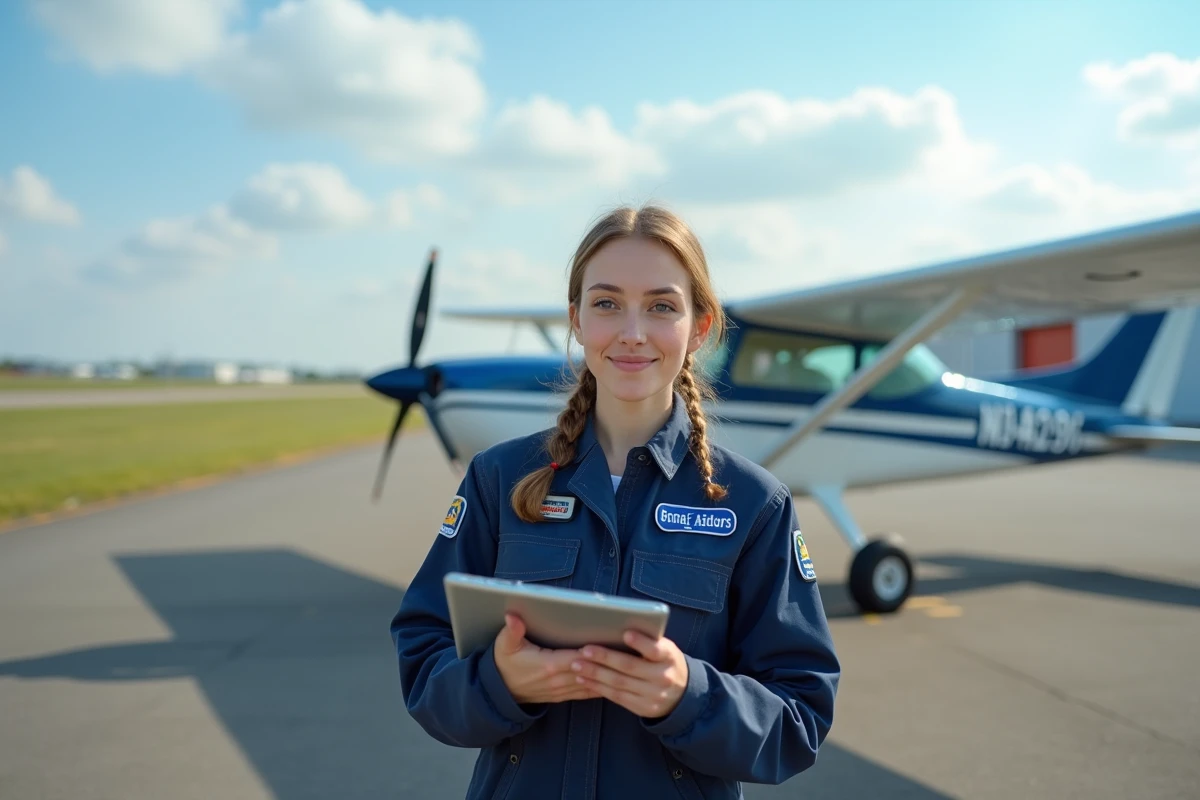 Jeune femme en combinaison de vol devant un avion d'entraînement sur un aérodrome, illustrant la formation aéronautique à la MFJA Maison de la formation Jacqueline Auriol
