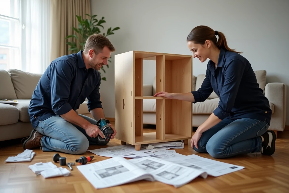Deux adultes assemblant ensemble un meuble en bois en kit sur le parquet d'un salon, entourés d'outils et de notices de montage