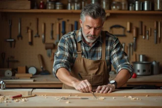 Homme adulte mesurant une planche en bois dans un atelier de bricolage bien équipé, portant un tablier de travail usé