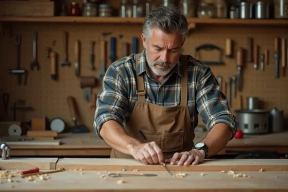 Homme adulte mesurant une planche en bois dans un atelier de bricolage bien équipé, portant un tablier de travail usé