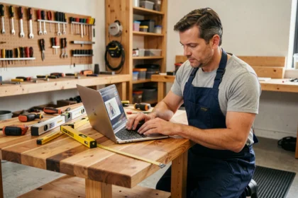 Homme adulte en tablier de bricolage suivant une formation en ligne sur ordinateur portable dans un atelier domestique organisé