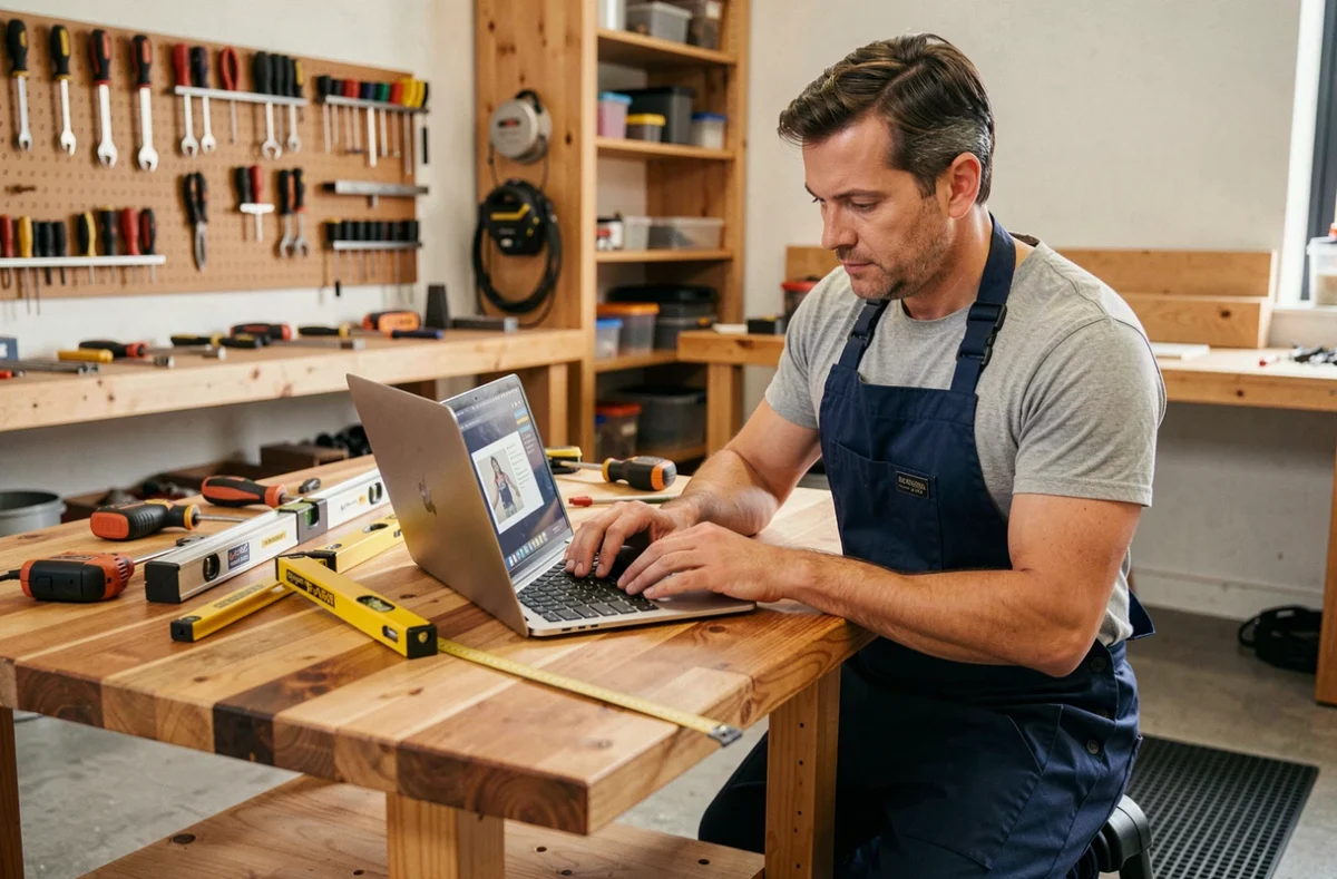 Homme adulte en tablier de bricolage suivant une formation en ligne sur ordinateur portable dans un atelier domestique organisé
