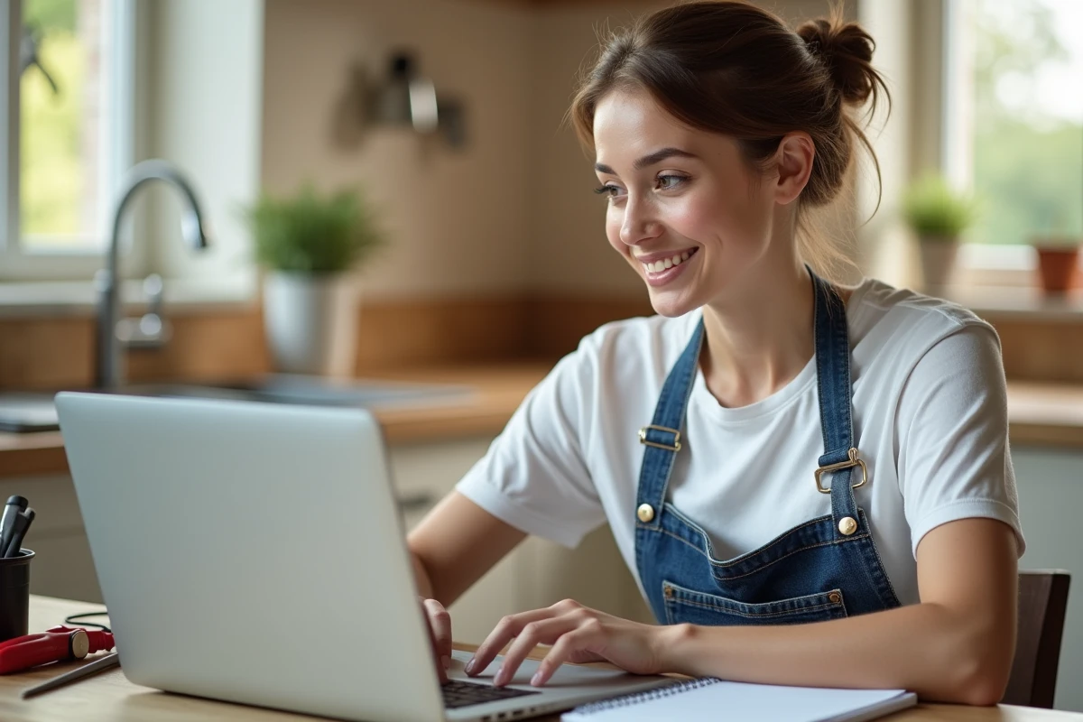 Femme suivant une formation bricolage en ligne sur ordinateur portable avec prise de notes à la cuisine