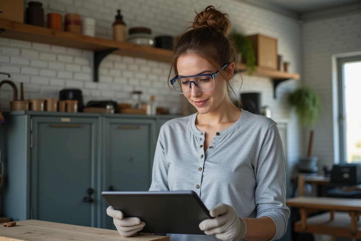 Femme suivant un tutoriel de bricolage en ligne sur tablette dans un garage aménagé en atelier, portant des lunettes de protection