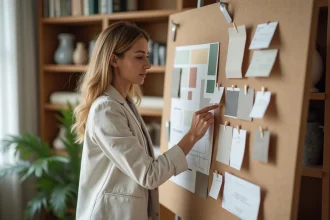 Décoratrice d'intérieur en formation devant un tableau d'inspiration avec des échantillons de tissus et palettes de couleurs dans un studio professionnel