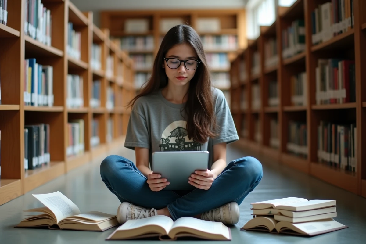 Jeune femme étudiant le game design en autonomie dans une bibliothèque universitaire avec des ressources alternatives abordables