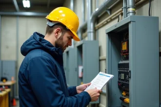 Technicien en habilitation électrique étudiant une procédure de sécurité devant un tableau basse tension dans un centre de formation industriel