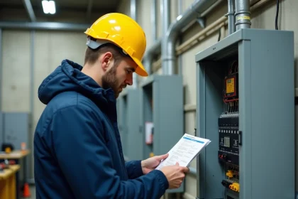 Technicien en habilitation électrique étudiant une procédure de sécurité devant un tableau basse tension dans un centre de formation industriel