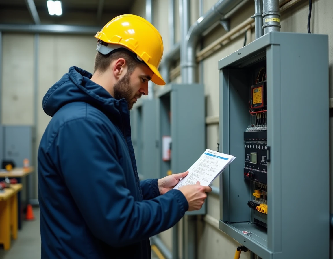 Technicien en habilitation électrique étudiant une procédure de sécurité devant un tableau basse tension dans un centre de formation industriel