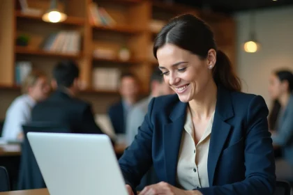 Femme professionnelle suivant une formation LinkedIn sur ordinateur portable dans un espace de coworking moderne
