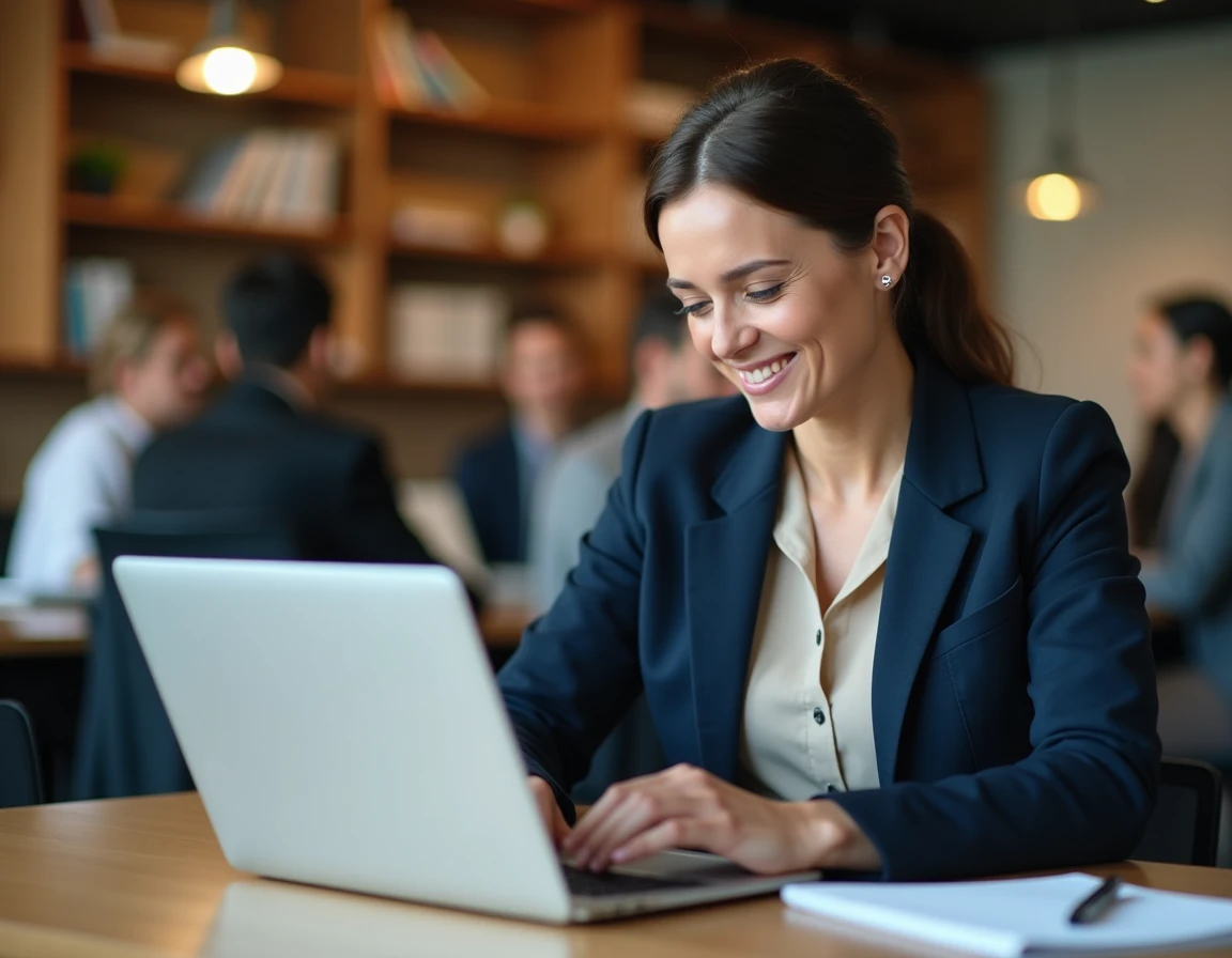 Femme professionnelle suivant une formation LinkedIn sur ordinateur portable dans un espace de coworking moderne