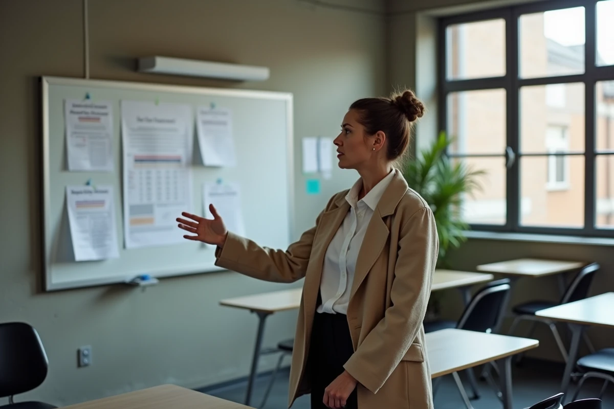 Formatrice pr&eacute;sentant une comparaison de co&ucirc;ts entre EcoleDesTravaux.fr et un centre de formation local dans une salle de classe professionnelle